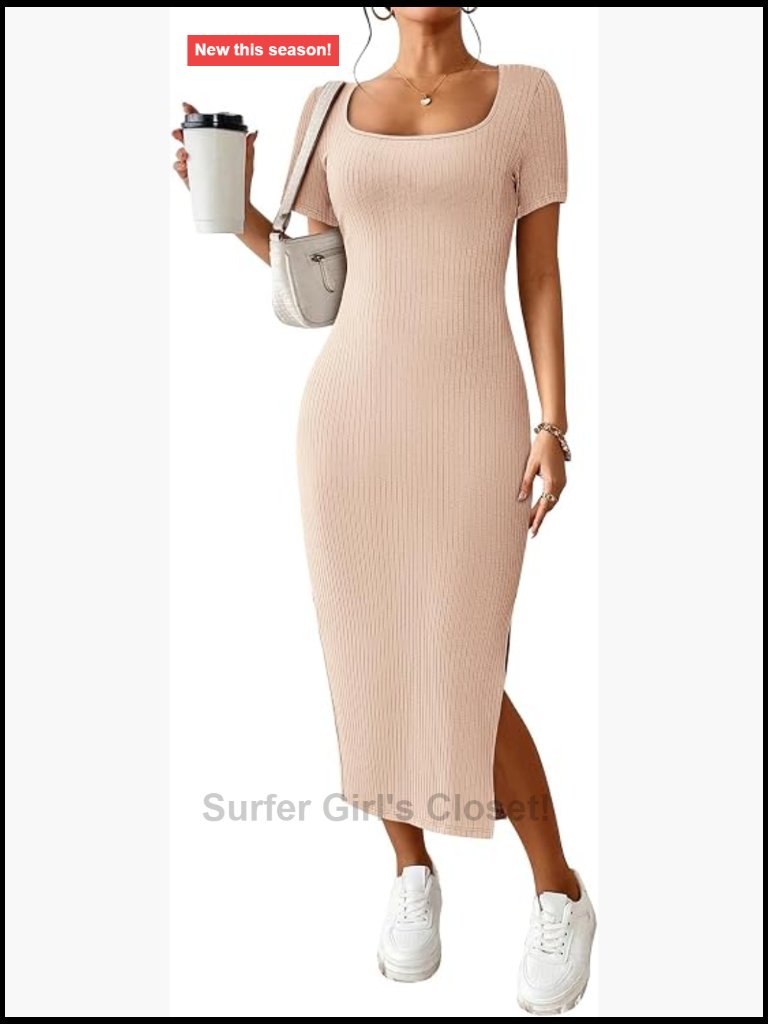 Casual Ribbed Short Sleeve Bodycon Maxi Dress Side Slit Square Neck
